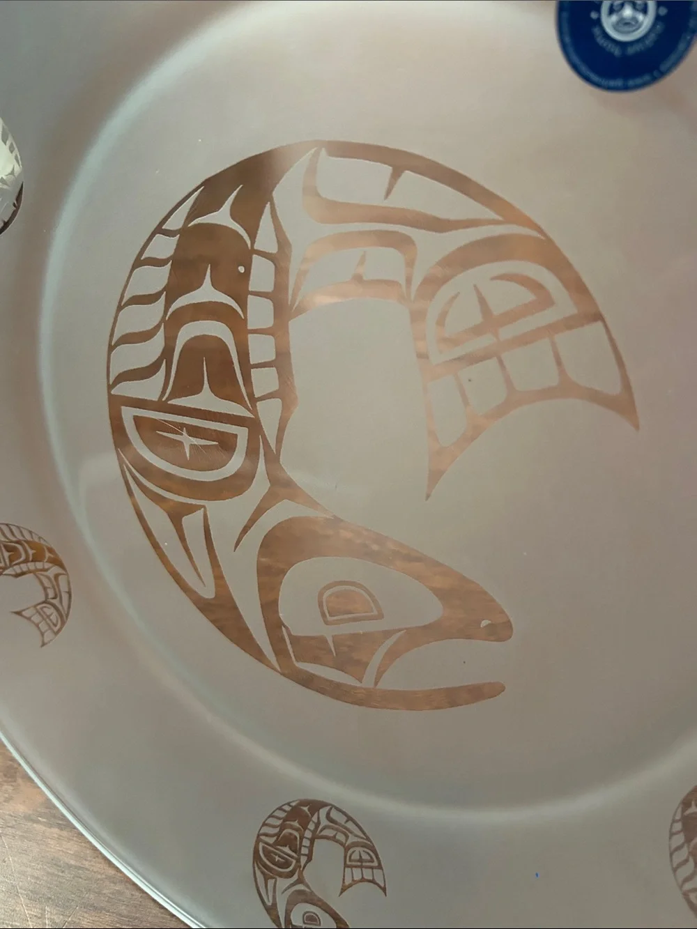 Native Canadian Art, Salmon Clear and Frosted Glass Plate with Salmon Fish